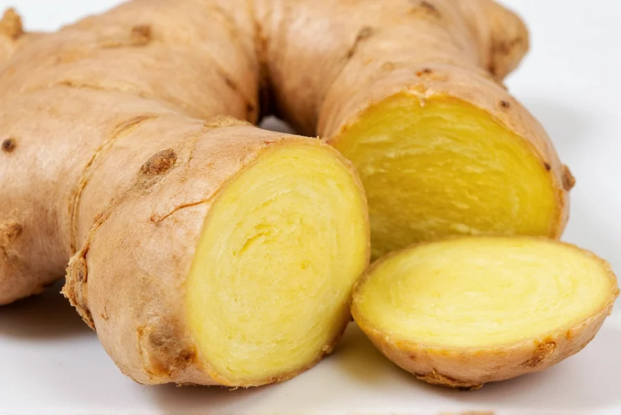 Close-up of fresh raw ginger root with peeled section showing fibrous interior