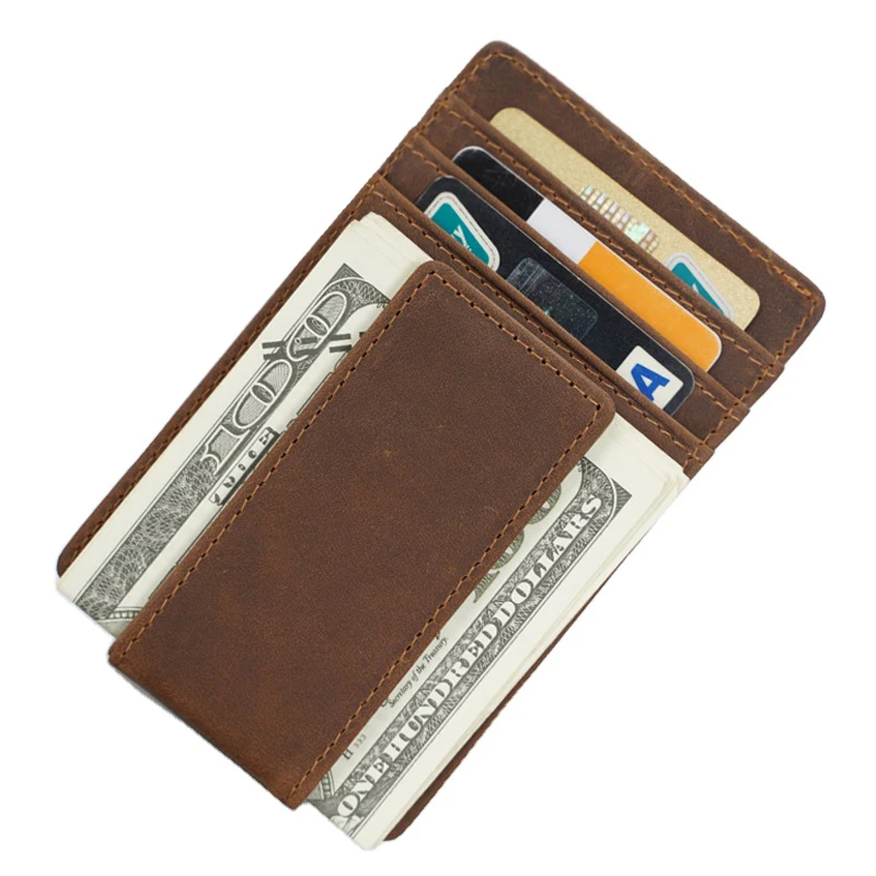 

Custom Logo Vintage Genuine Leather Magnetic Money Clip RFID Blocking Card Holder Men Cow Leather Strong Magnet Money Clip