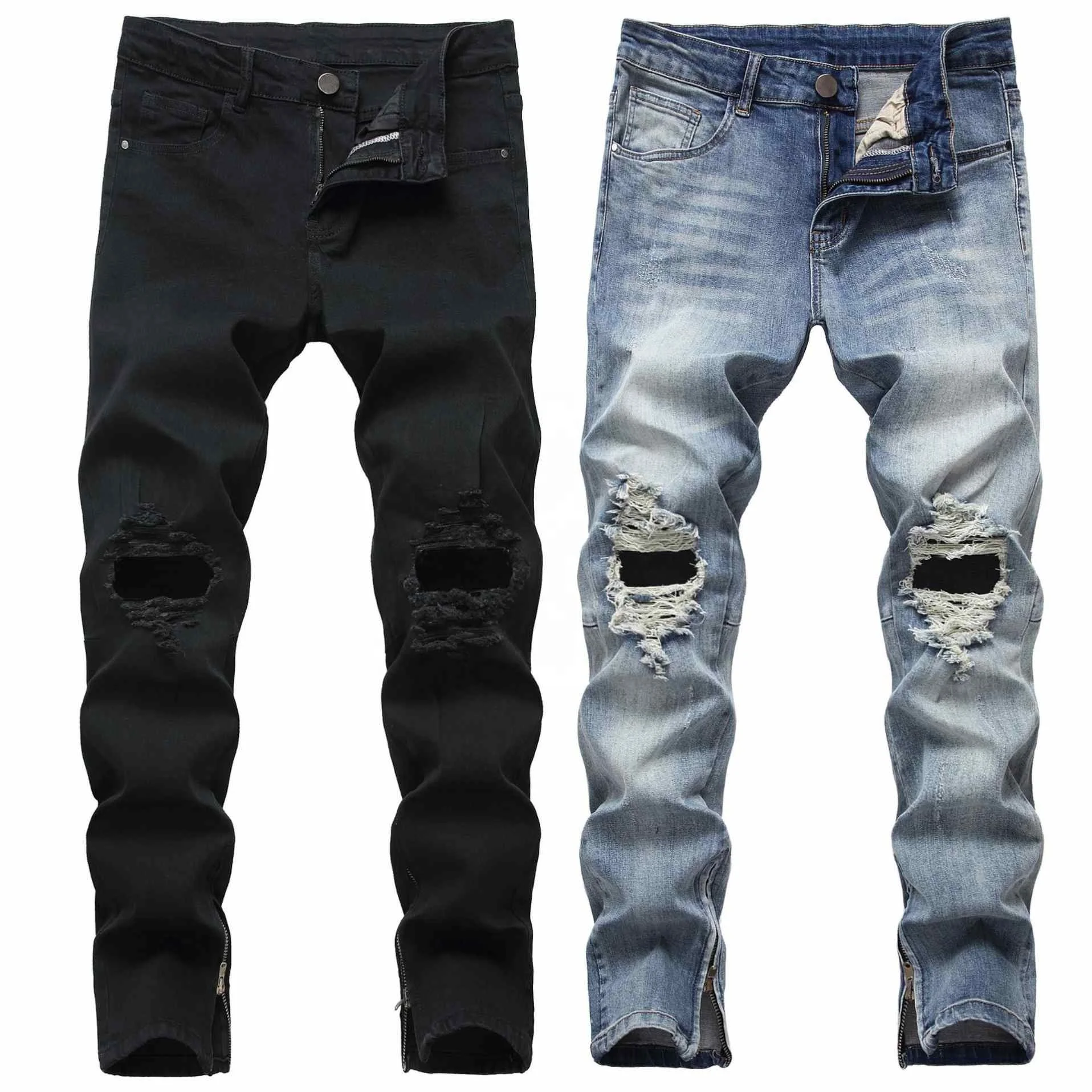 

New Arrivals Men Cotton Breathable Ripped Jeans, Black/light blue
