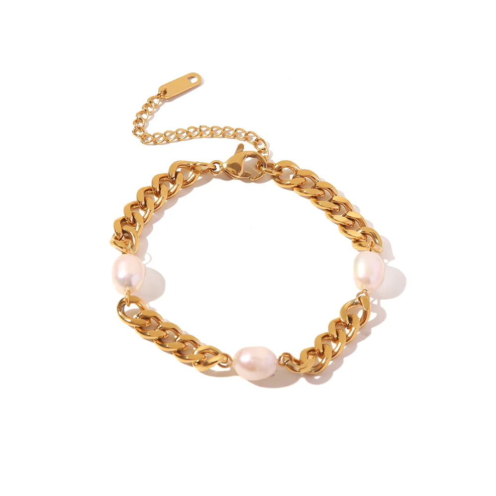 

6mm Stainless Steel 18K Gold Plated Chunky Jewelry Fresh Water Pearl Cuban Chain Bracelet for Women
