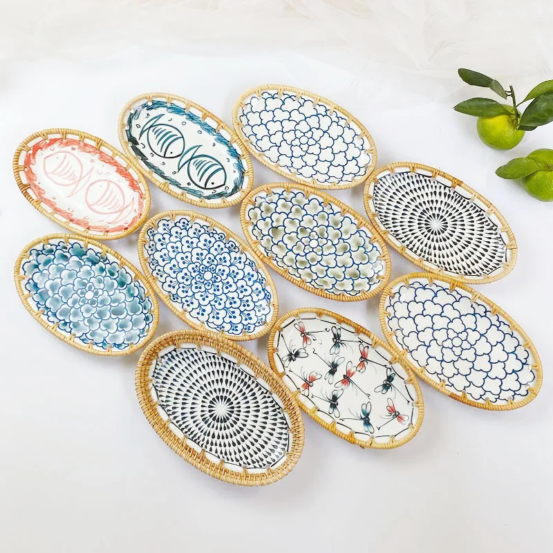 

Oval Shape Rattan Ceramics Cake Dish Plate For Wedding Party Wholesale Ceramic Dessert Fruit Tray