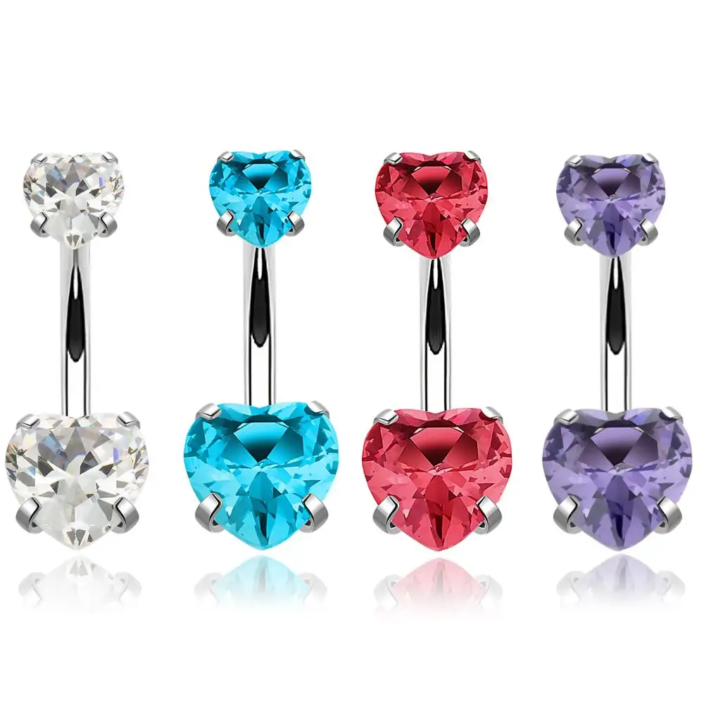 

316L surgical steel double hearts shape zircon navel ring sexy belly button ring woman piercing jewelry, Sky blue,purple,clear,red