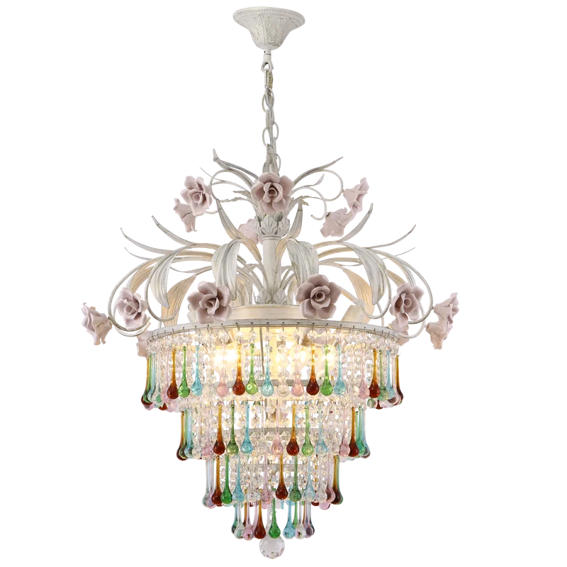 New Design Iron Ceramic Flower 6 Light Waterfall Drop Hanging K9 Crystal Pendant Lamp