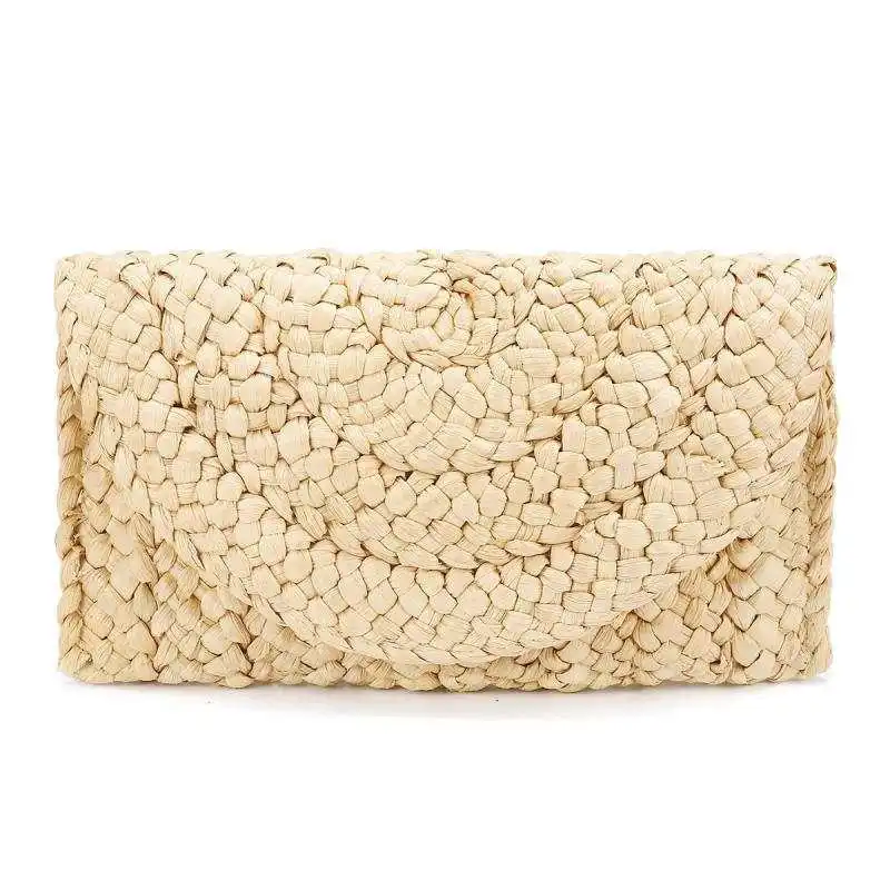 

Eco friendly hand made woven large woman corn husk ratten straw hasp closure envelope clutch hand purse bag, Natural
