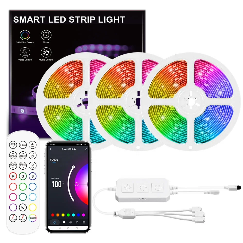 15M 270 LEDs IP65 Waterproof Smart LED Strip Light DC 12V Music Sync Color Change 16 Million Color For Hotel Bar Club KTV  Party