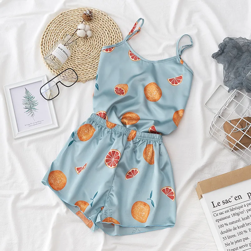 

Women Underwear Sleepwear Silk Pajamas Sexy Satin Lingerie Shorts Set Printing Pineapple satin printed two-piece pajamas, Picture shows