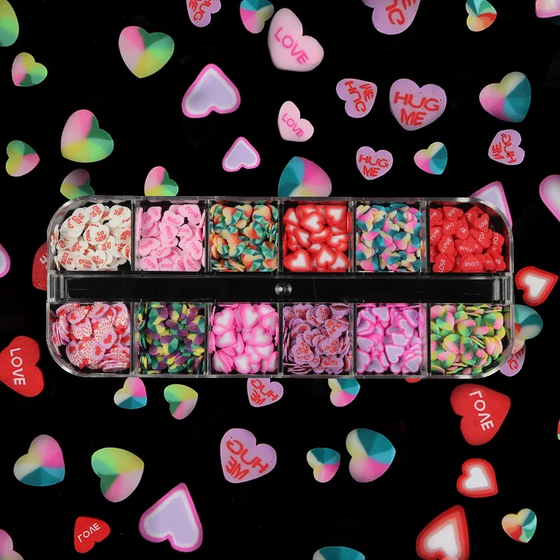 

3D Valentine Cute Polymer Clay Slice Nail Art Heart Shape Slice Decorations, 12 colors