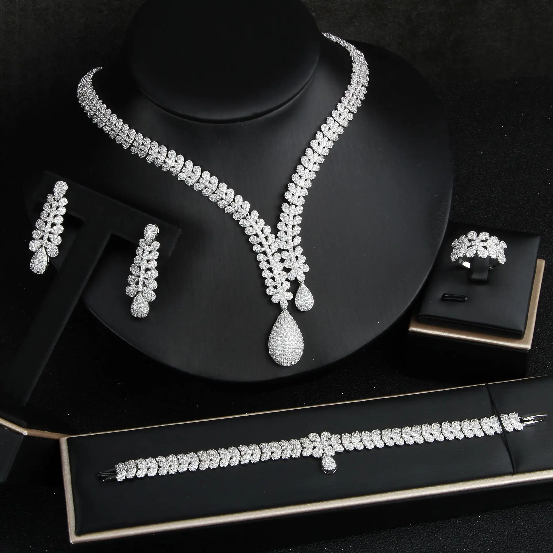 

Elegant Hot Sale Women Necklace Set earrings Shinning CZ zirconia Prom Wedding Jewelry Set, Silver