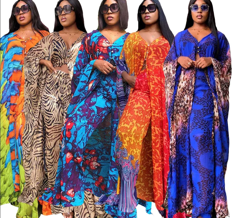 

African National Style spring Printed Fall 2 Pieces Sets Fashion Casual Long Sleeve Loose Design Kimono women Matching Pant