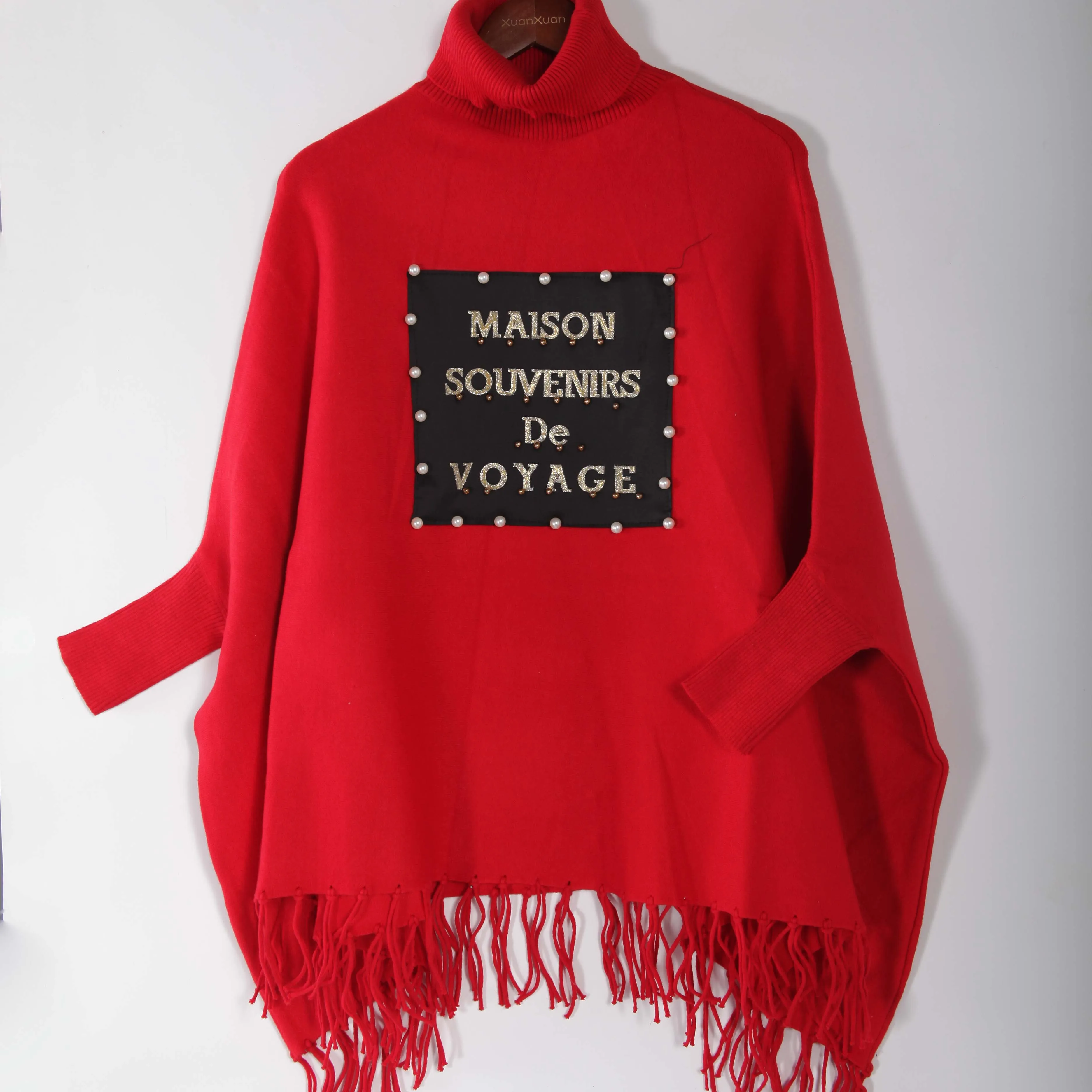 

Fashion Design Loose Women Ladies Letter Pattern Tassel Turtleneck Knit Shawl Poncho Sweater