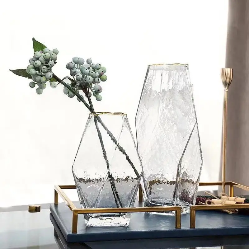 

Wholesale Handmade Ribbed Hammered Plain Geometric Glass Vase with Gold Rim, Clear transparent