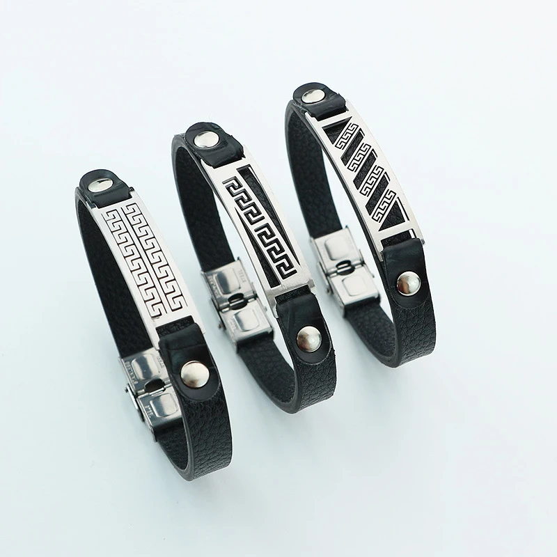 

Personalized the Great Wall Pattern Black Charm Bracelet Men Pu Leather Rope Bracelet, Picture