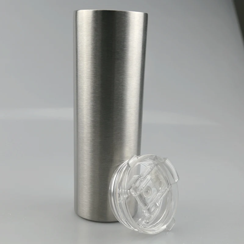 

Screw-on lid 20oz skinny tumbler stainless steel coffee mug straw cover travel wine tumbler cups, Steel color