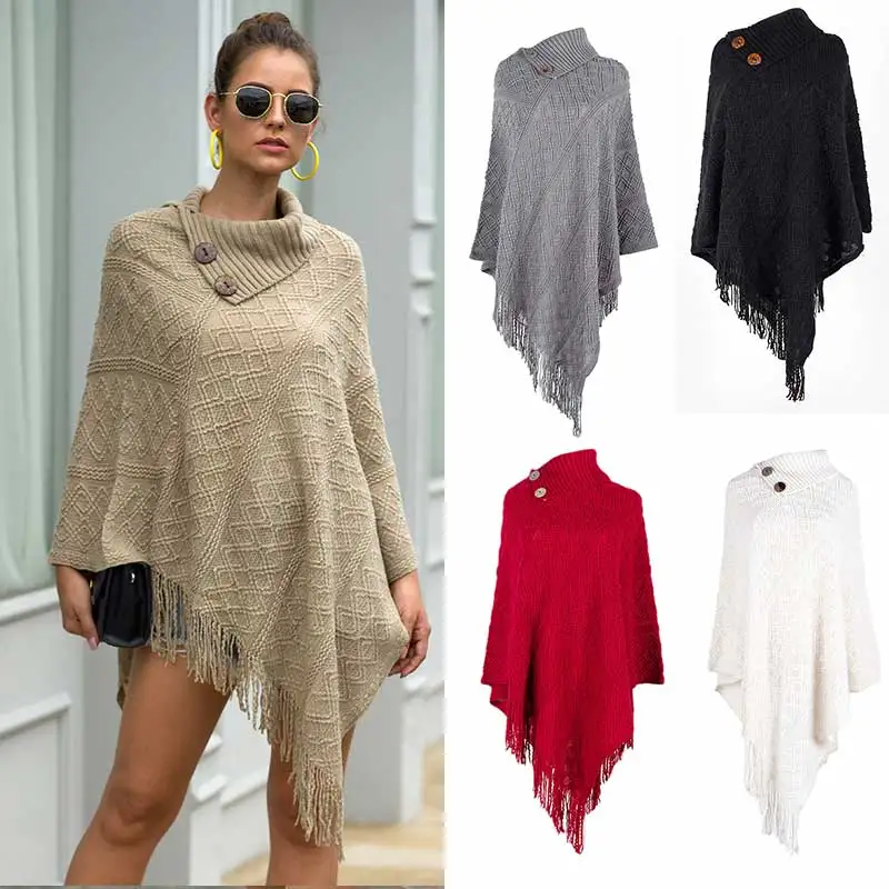 

Tassel Fringe Cape Diagonal Button Half Open Collar Diamond Plaid Pattern Pullover Soft Knitted Women's Cloak Sweater, Customized color