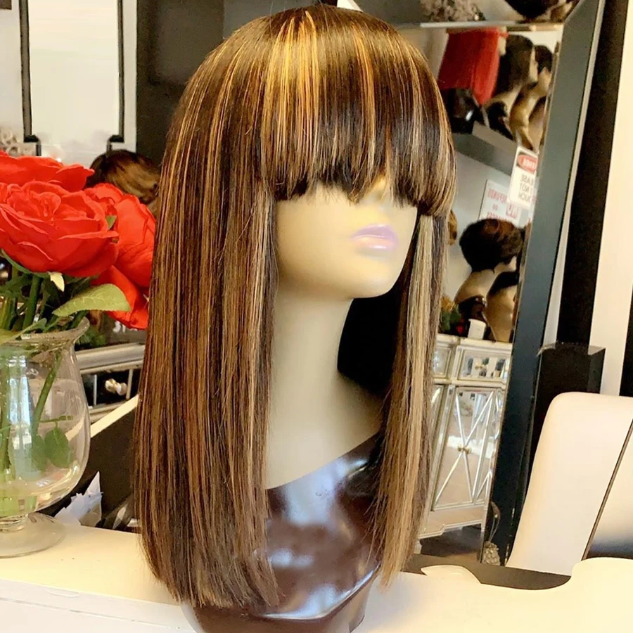 

Honey Blonde Highlight 4/27# Color Lace front Wig Color Pre Plucked Brazilian Virgin Hair Straight Bob With Bangs Lace Wig