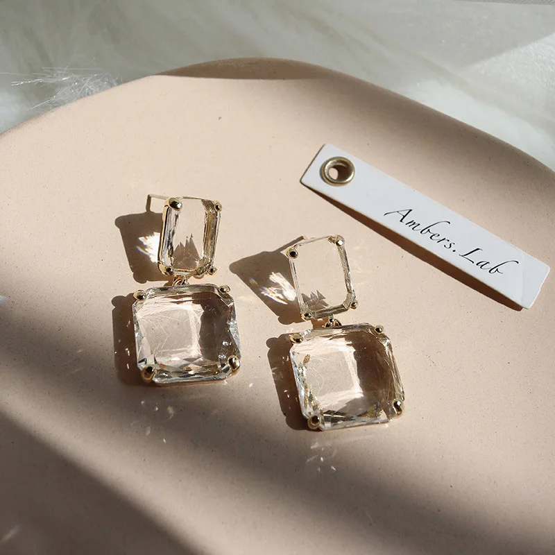 

Summer S925 Sterling Silver Needle Double Square Crystal Earring Trendy Geometric Clear Resin Drop Earring Women Jewellery