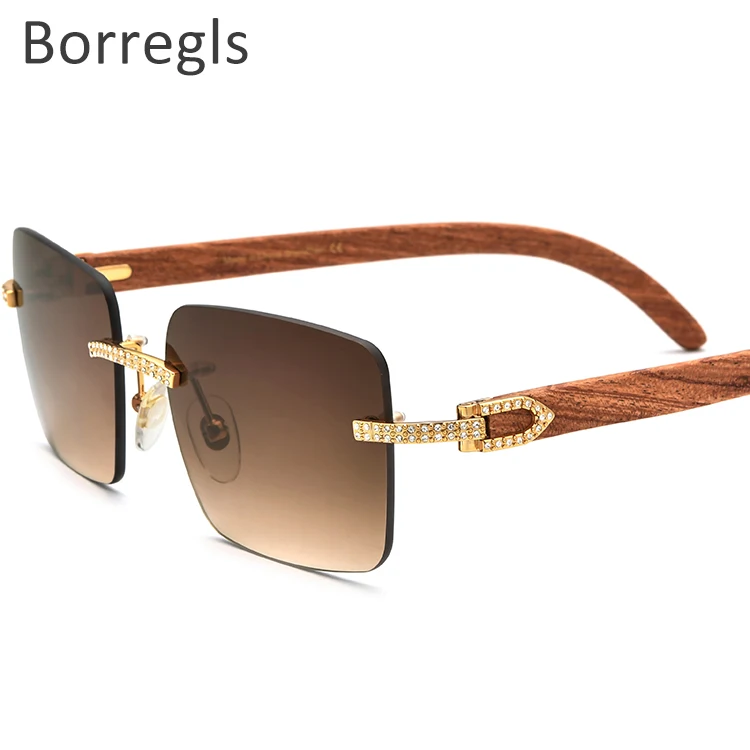 

Borregls Rimless Wood Sunglasses Men Frameless Square Diamonds Sun Glasses for Women 2021 New Luxury Optical Eyewear 10070T