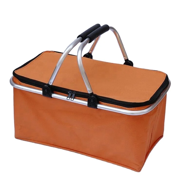 

600D RPET cheap foldable aluminium frame picnic color bag Insulated cooler basket, As pictures