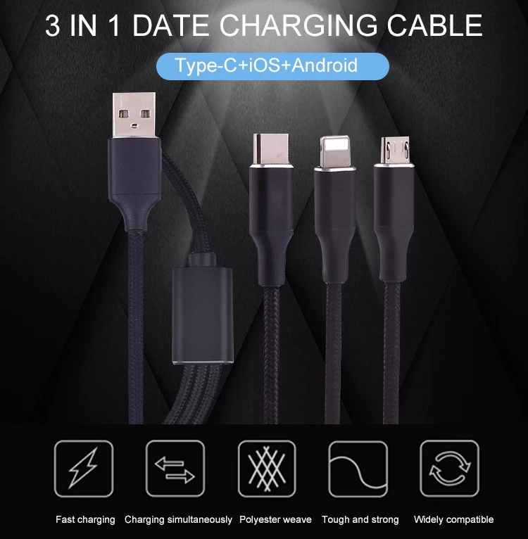 1M 3A Braided Multi Usb Cable Fast Charging Type C 3 In 1 Charger Cable - ANKUX.COM