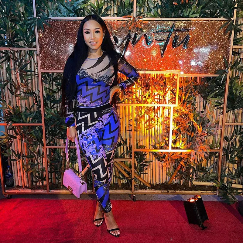 

Mesh Pattern Printed Bodycon Two Piece Sets Women 2021 Street Style Bodysuit And Pants Fashion Female Matching Outfits