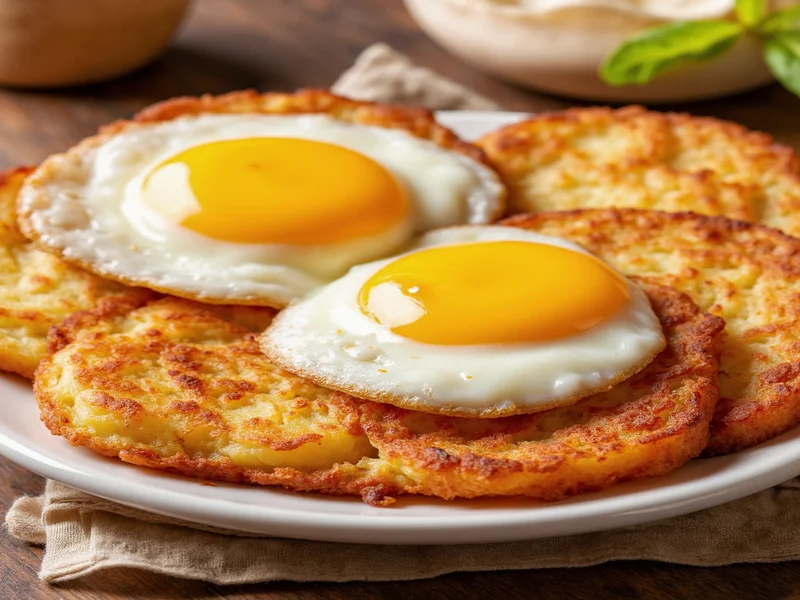 Perfect golden homemade hash brown potatoes with fried eggs