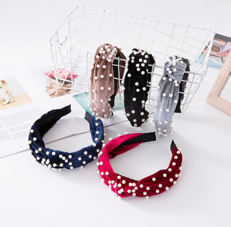 

Fashion Women Simple Designer Hair Accessories Mixed color Braided Wide Edge Pearl Hair Band For Women, Picture shows