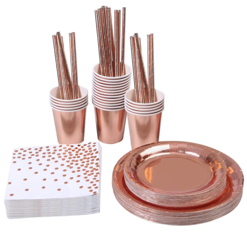 
125 pieces biodegradable rose gold paper cup tray straw napkin birthday party wedding supplies disposable paper tableware set 