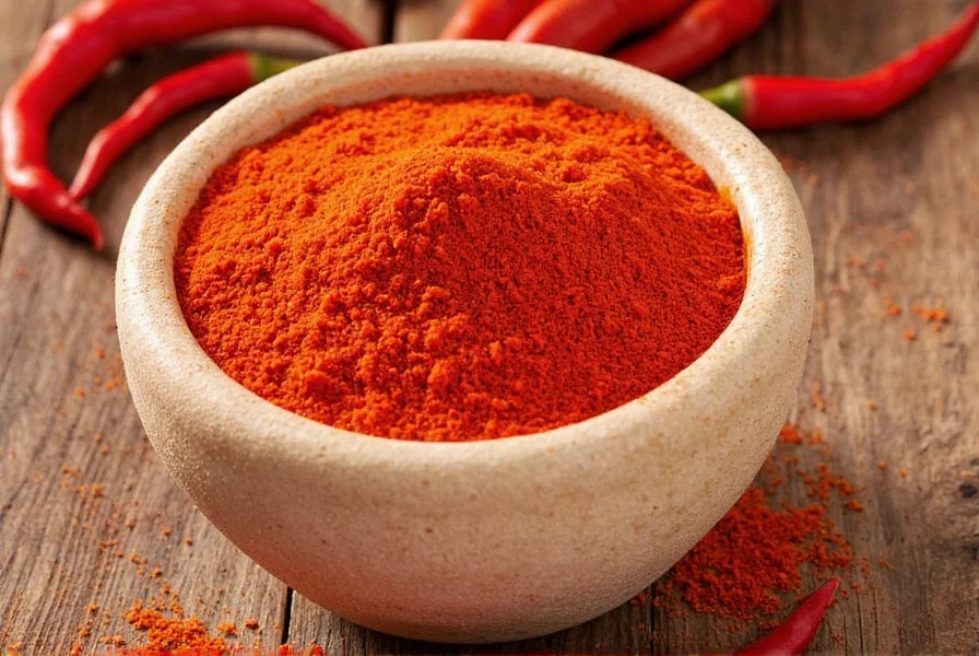 Close-up comparison of cayenne pepper and various substitutes including red pepper flakes, paprika, and chili powder in small bowls