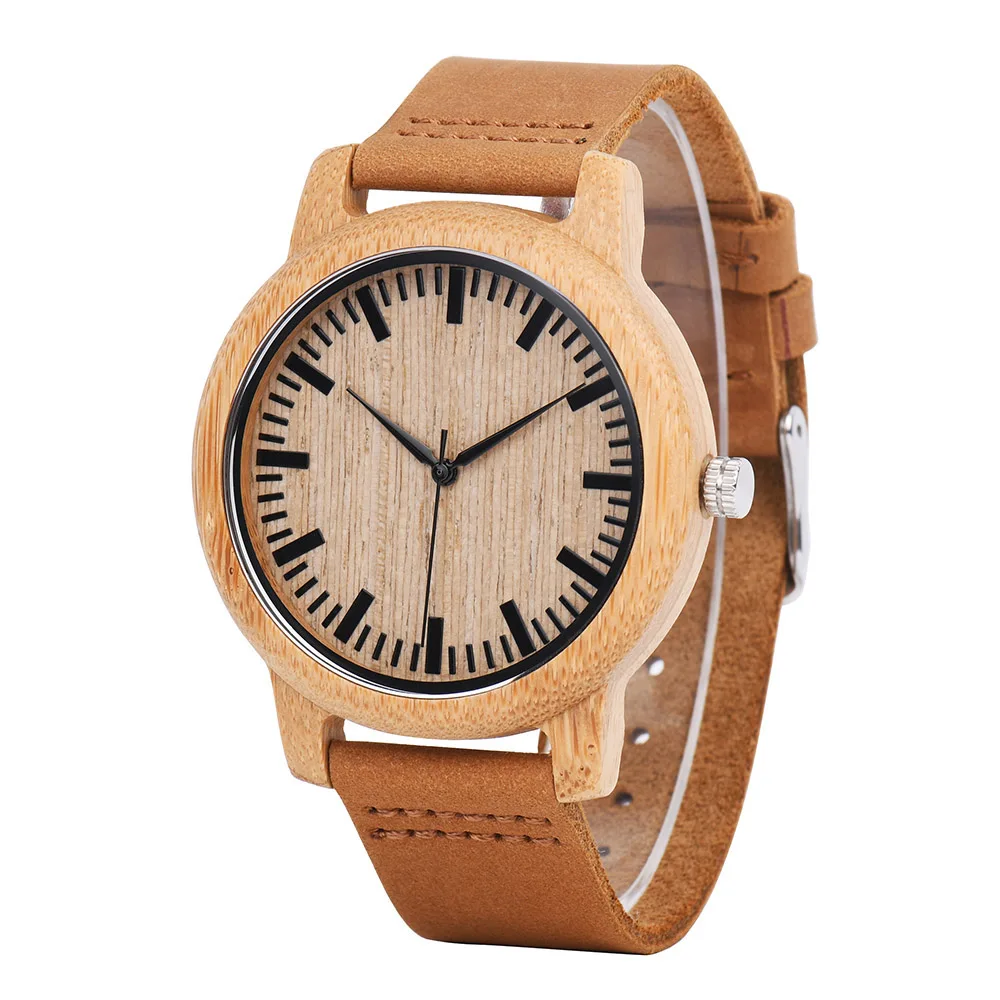 

Wood Watch Private Label Bamboo Minimalist Engraved Bamboo Natural Men Glass Leather Unisex MIYOTA Round Analog Wooden Buckle