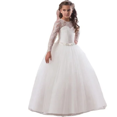 

European style hot selling muslim girl white lace dress kid party ball gown satin long sleeve baby girl wedding dress for 5years