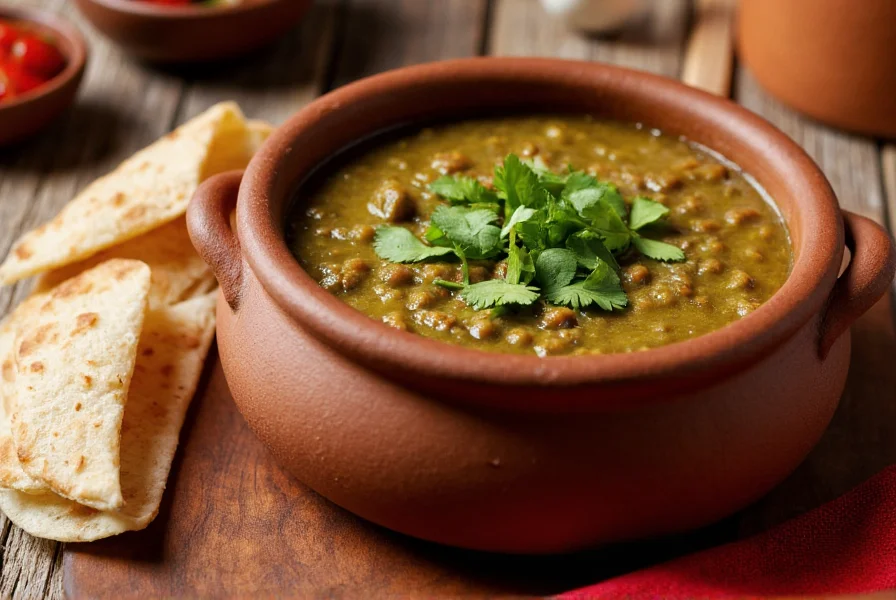 Authentic chili verde recipe in clay pot with fresh cilantro garnish, steaming hot, served with tortillas