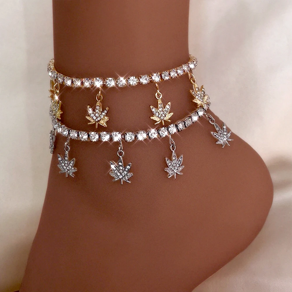 

Stylish Club Party Jewelry Extension Chain Gold Silver Color Weed Leaf Pendent Anklet For Women Accessories