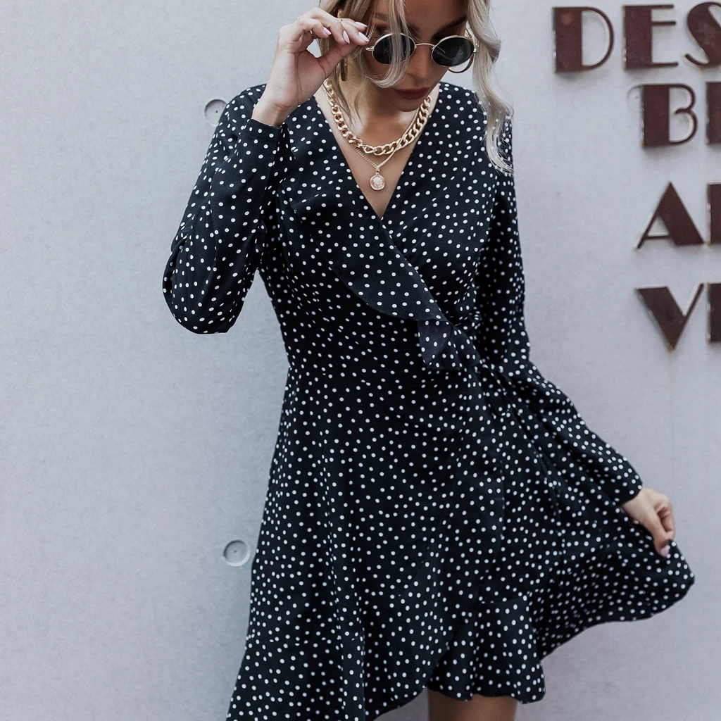 

Wholesale 2021 new spring and autumn digital printing waist slimming V neck skirt dress, Shown