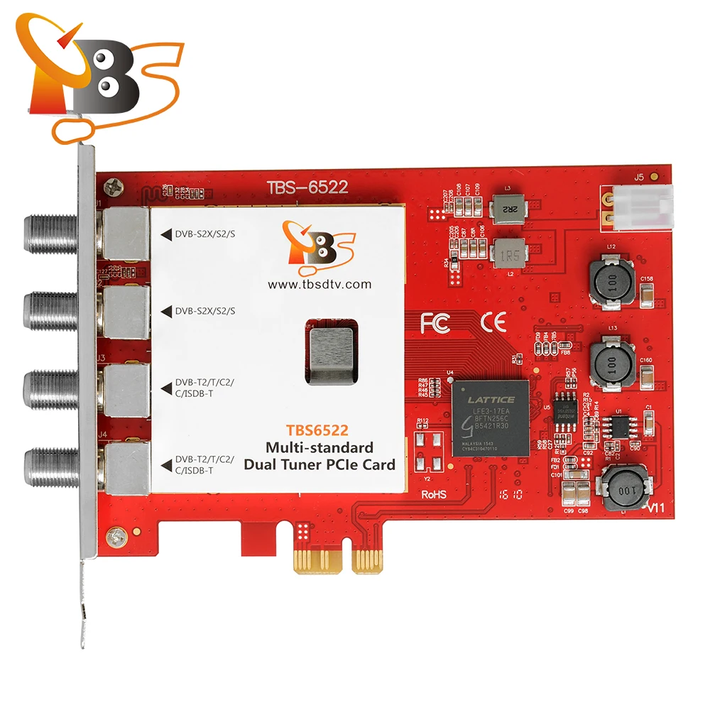 

TBS6522 DVB-S2/S DVB-C DVB-T/T2 and ISDB-T Dual Tuner PCI-e Card for receiving free channels from 2 frequencies, Red
