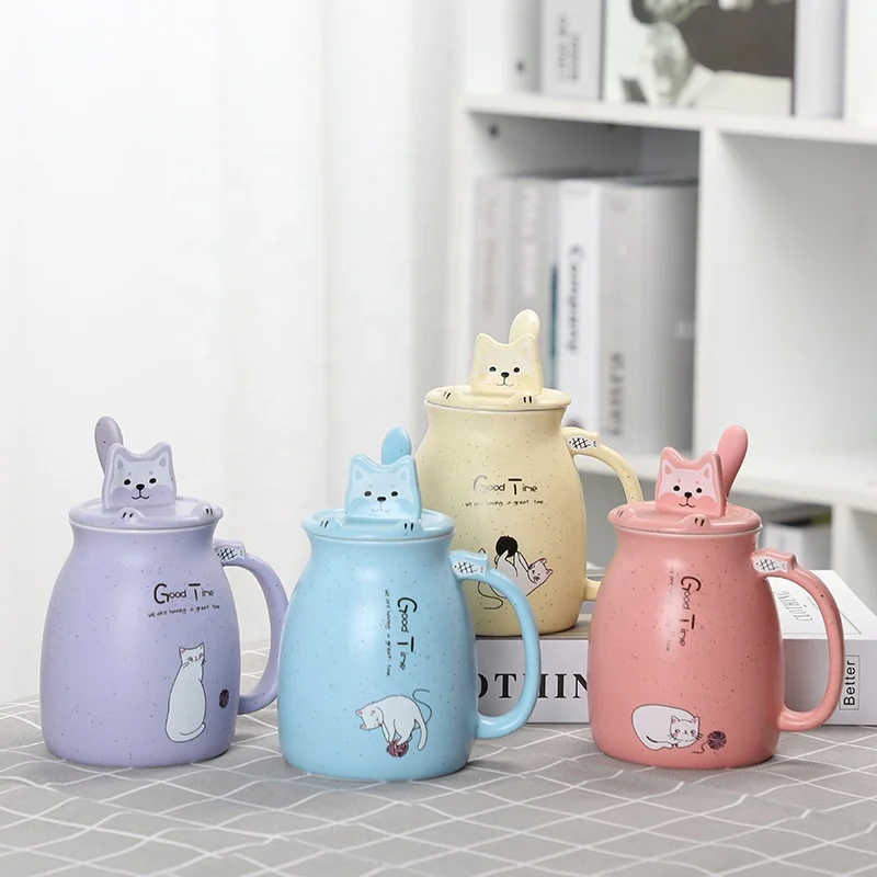 

High Quality Animal Cat Design Ceramic Milk Coffee Mug With Lid And Spoon Water Cup For Children Girlfriend Gift