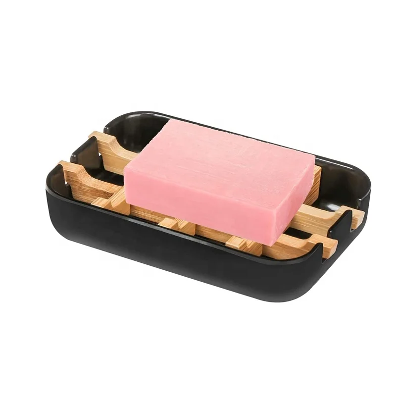 

Eco friendly biodegradable black soap holder luxury custom logo wood bamboo bathroom shower soap dish