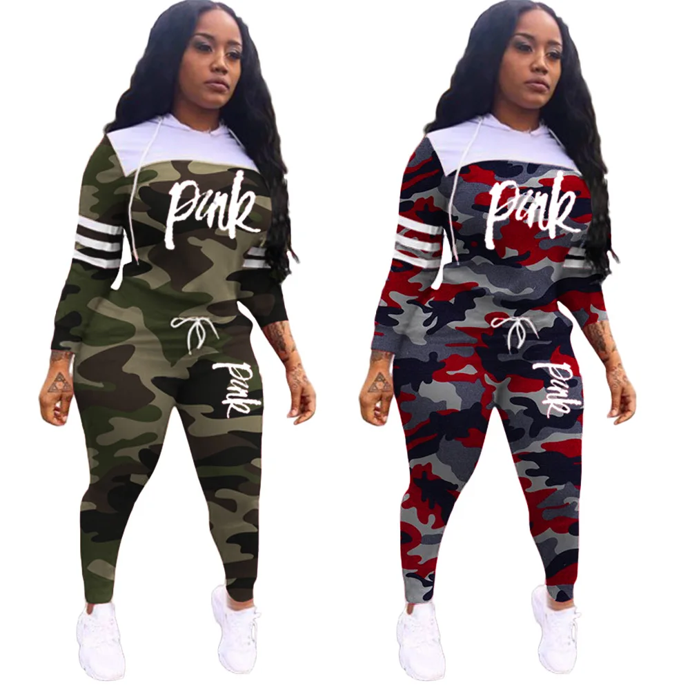 

Camo Printing Women Hooded Sportswear Two-Piece Set Long Sleeves Stitching Hoodies, Red, army green