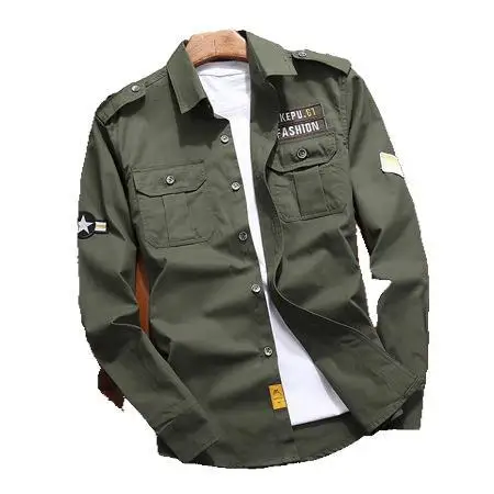 

Men's Slim Casual Cotton Long-Sleeved Embroidered Micro-Chapter Shirt, Army green, khaki, dark blue