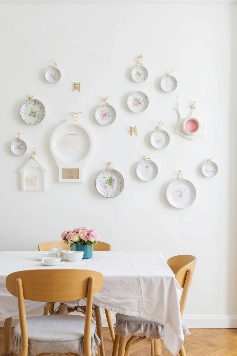 Example of plate hangers used to hang decorative plates on a wall