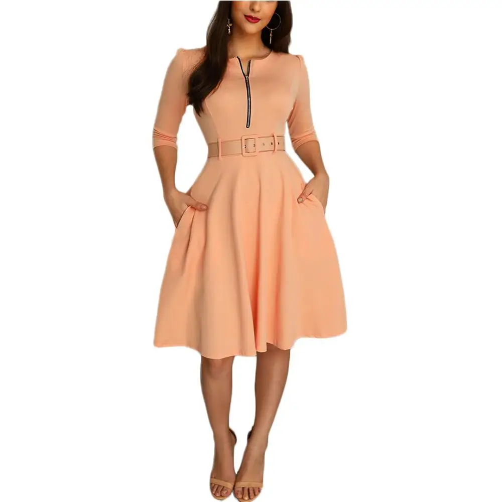 

New Arrival Women Summer A Line Office Midi Pleated Dress with Belt