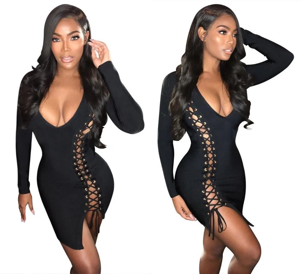 

B62020A Autumn winter new pure color dress sells quickly hot style deep V hollow female dress