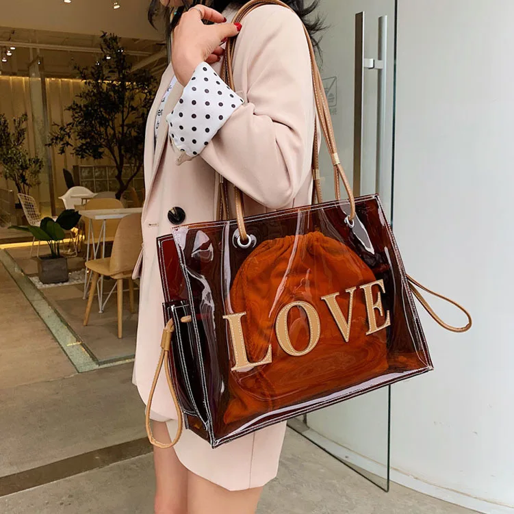 

Beach Handbag Big Transparent Bags Female Brown Women Jelly Bag PVC Plastic Shoulder Shopping Spring Summer bags 2021
