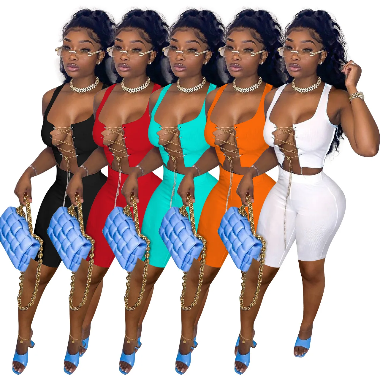 

Hot Selling Sexy Women Clothes Solid Color Crop Tops Hollow Out Metal Chain Lace Up Two Piece Pants Sets Sexy Outfits Shorts Set, Picture