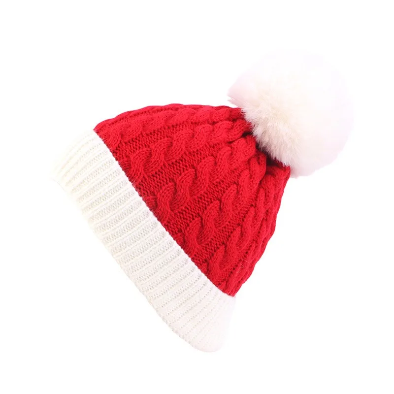 

Red White Christmas Cuff Knit Hat Pom Pom Beanies for Winter Men Women Kids Adult