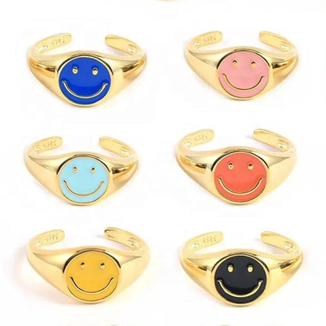 

New ins fashion jewelry for women sweet smile face dripping oil enamel finger rings s925 sterling silver gold plated open ring