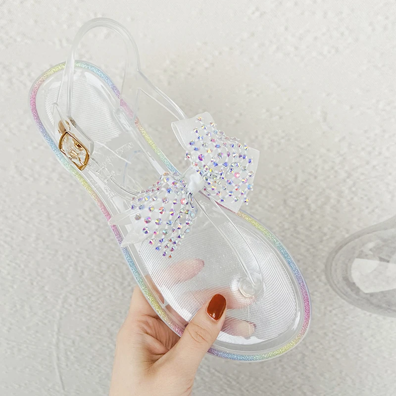 

Fashion PVC Jelly Sandal Ladies Flat Transparent New Bow Clear Crystal Women Sandals Shoes, Picture color