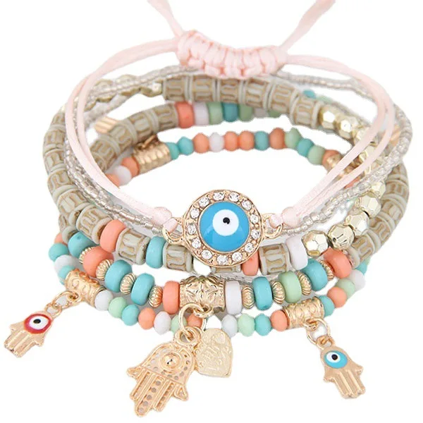

Ethnic Jewelry Handmade Turkish Blue Eye Braided Bracelet Multi Layer Colorful Rice Beads Hamsa Hand Evil Eyes Charm Bracelet