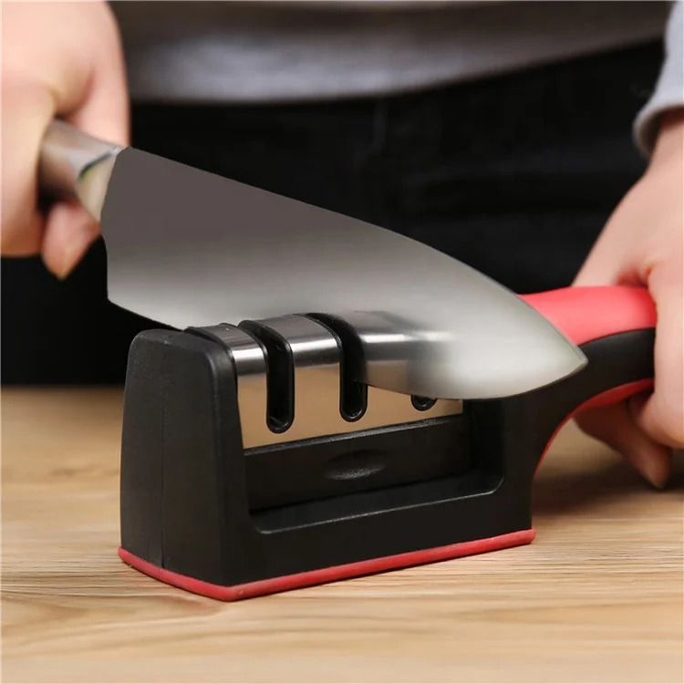 

Amazon hot sale easy manual kitchen knife sharpener non slip rubber knife grinder, professional 3 stage kitchen knife sharpening, Black & red
