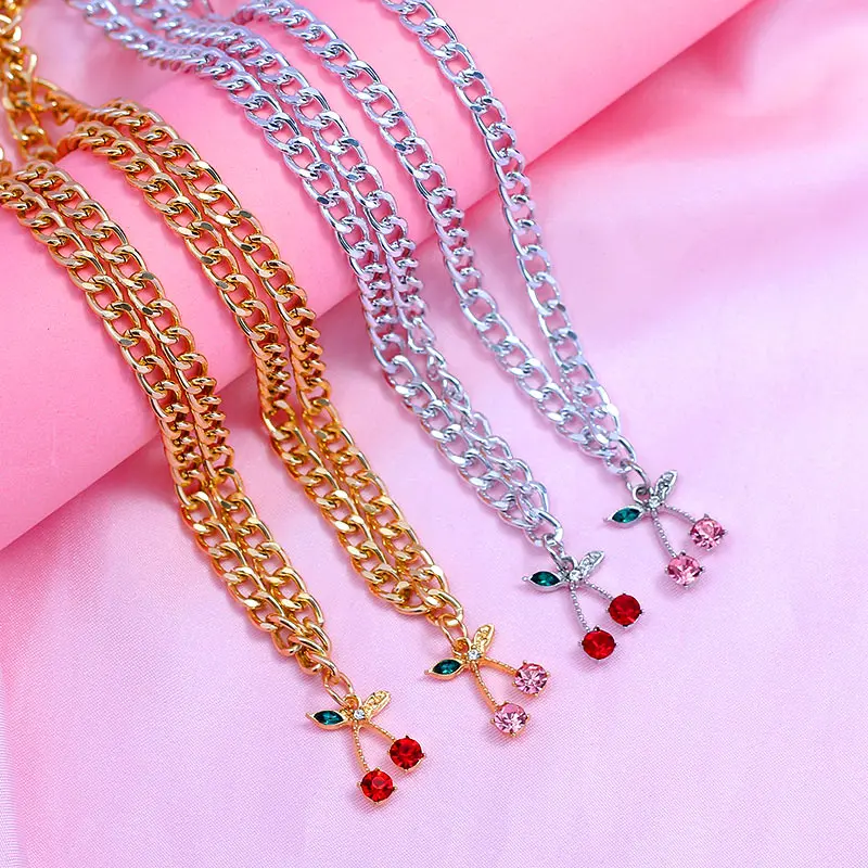 

Sweet Cute Fruit Party Jewelry for Women Gold Silver Color Cuban Chain Necklace Fashion Crystal Cherry Pendant Necklace