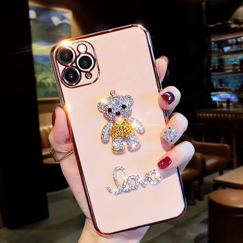 

Electroplate Luxury 3D Cute Rhinestone Bear Love Glitter Bling soft Phone Case For iPhone 13 12 Pro X XR XS Max 7 8 Cover funda